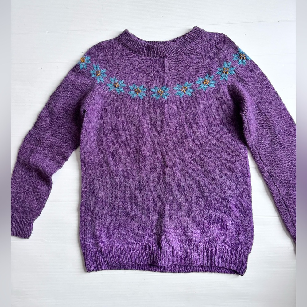 Hand Knit Wool Purple Sweater Floral Embroidery Pullover